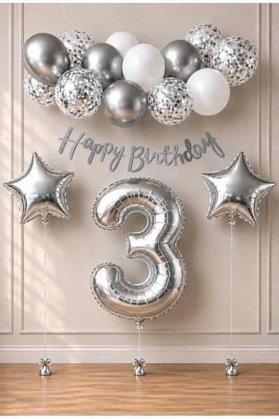 SİNDA Happy Birthday Gümüş -Doğum Günü Partisi Seti - Yaş Günü Konsepti - Rak...