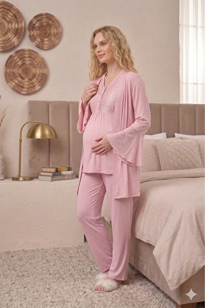 Pelin Women's Ecru Lace 3-Piece Special Design Maternity Pajama Set with Dres...
