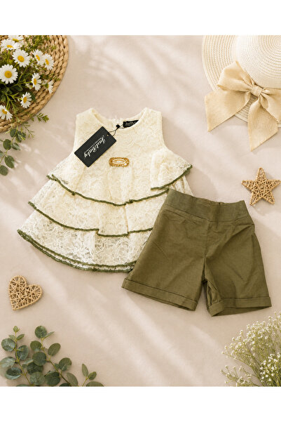 justbaby Kız Çocuk Ekru Dantel Bluz ve Haki Şort Takım (2-5 Yaş)
