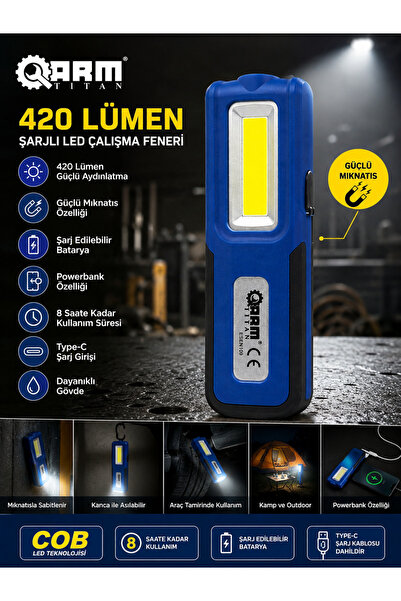 Arm 420 Lümen Şarjlı LED Çalışma Feneri | Mıknatıslı El Lambası | Powerbank Ö...