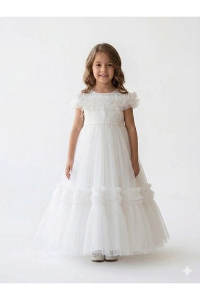 Orca Kids Fashion 2-10 فستان سهرة ماكسي مزين بالريش والكشكشة باللون الأبيض