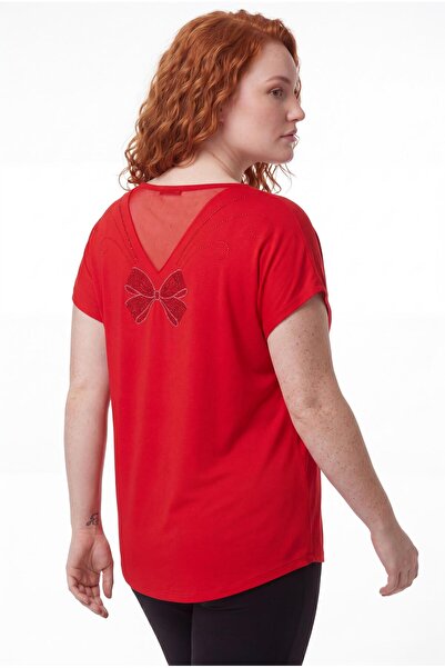 Ebsumu Women's Plus Size Red Blouse with Tulle Detail on the Back and Stones