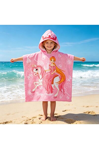 KMT Hooded Cape Towel for Girls, Pink Princess on Horse Print on Pink Backgro...