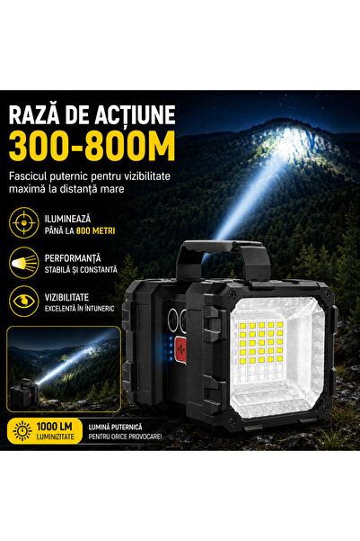 TnsAround Lanterna LED reîncărcabilă 40W, 10000mAh, 1000 Lumeni, Power Bank, 7 moduri de iluminare, Rază de acțiune a fasciculului 300-800m, IPX4