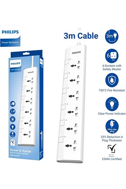 Philips وصلة تمديد طاقة عالمية بـ 6 منافذ بطول 3 متر مع مفاتيح فردية، حماية م...