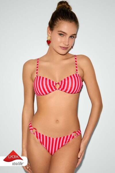 Kom Linjeli Çizgi Desen Straplez Bikini Takımı Pembe