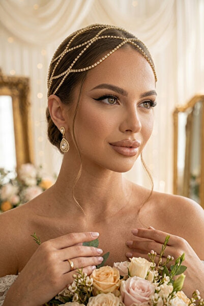 Mystique Feminine Gold Zirkon Taşlı Gelin Tacı Kristal Saç Zinciri Bridal Hea...