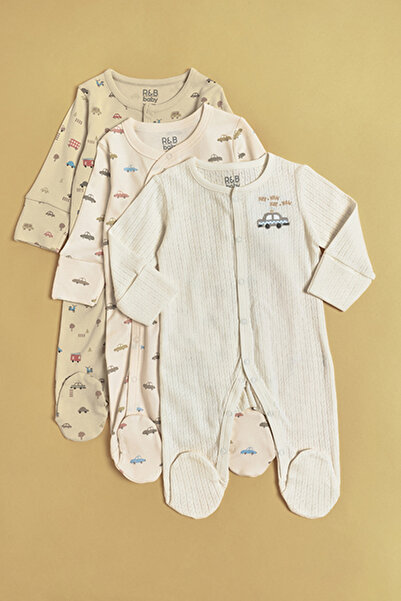 R&B 3 Pack Printed Footed Sleepsuits with Long Sleeves