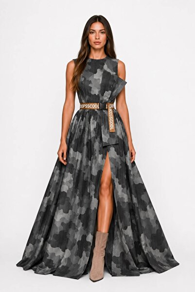 UNTIMELY Sleeveless Maxi Patterned Poplin Dress with Bow Detail & Front Slit