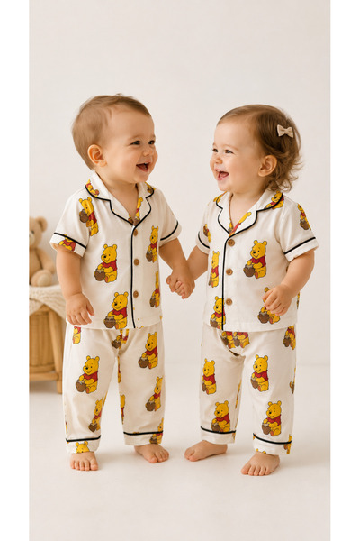 LUMY KIDS Teddy Bear Patterned Honeycomb Short Sleeve 2-Piece Baby Pajama Set