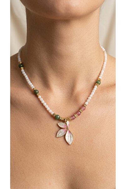 elinasaccessories Elinas Yeşim Pembe Kuvars Taşlı Pembe Yaprak Pendantlı El Y...