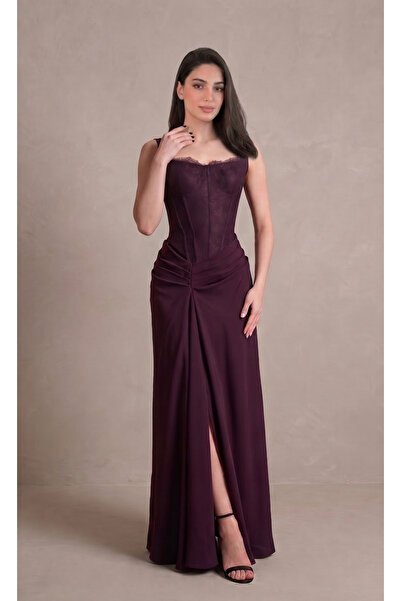 DVINA Burgundy Lace Crepe Corset Evening Dress
