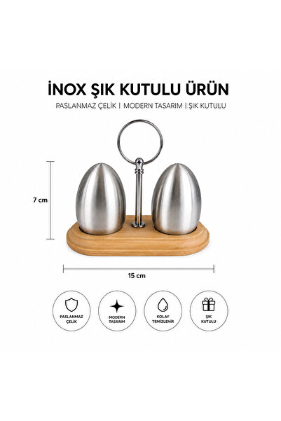 DİES İnox Paslanmaz Çelik Tuzluk Biberlik Seti Ahşap Standlı Şık Tasarım Masa...