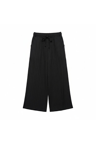 Generic Women's Black Plissé Wide-Leg Pleated Culottes