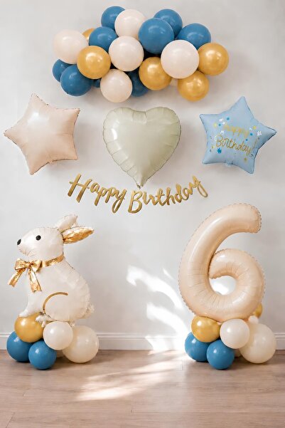 Patladı Gitti Blue Rabbit Themed 6Th Birthday Balloon Set