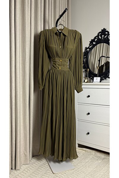 MYGROUP Luxury Pleated Dress with Long Sleeves and Gold Buttons