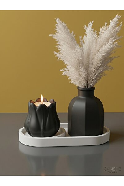 CANSEB Elegance 3-Piece Premium Avangard Cornered Pampas Vase Tulip Candle Ho...
