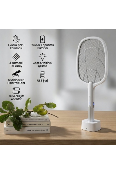 Sezy 3000V Yüksek Voltaj Şarjlı Elektrikli Sinek Raketi | Hem Masaüstü 2in1 S...