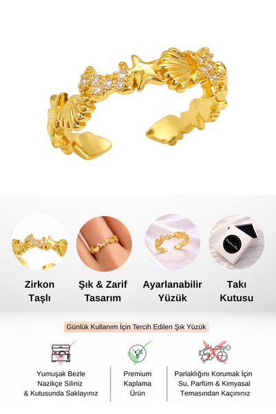 Duiwerlis Women's Adjustable Gold Color Ring with Sea Shell, Dog and Star Figures