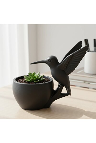 OEM Decorative Flower Pot with Hummingbird, Small Plant Holder - Matte Compos...