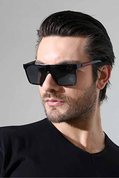 Violon Men's Black Frame Black Glass Red Edge Detail Sunglasses