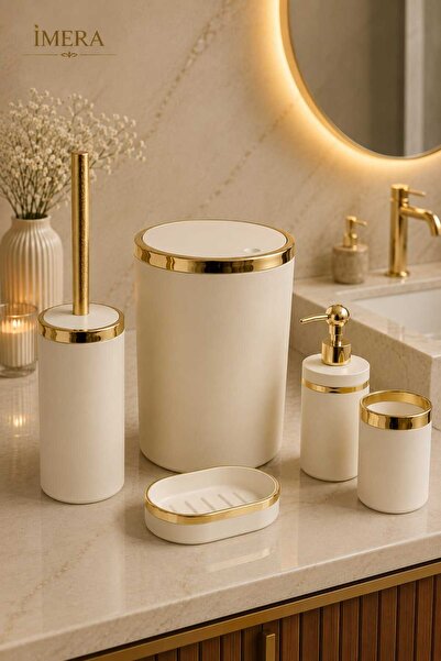 İmera Mat Krem Gold 5 Parça Akrilik Banyo Seti – Çöp Kovası, WC Fırçası, Sıvı...