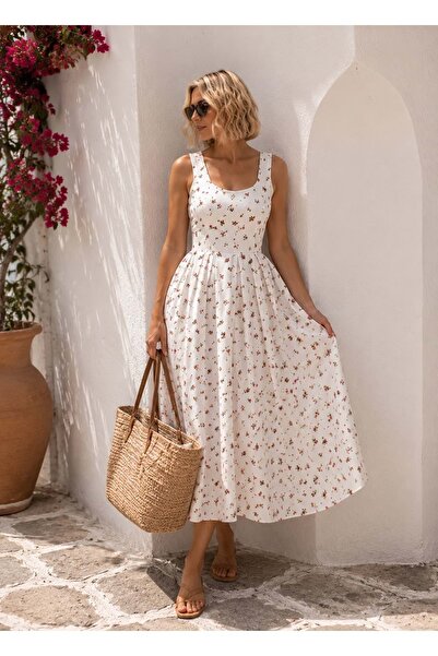 ibeeka Romantic Garden Floral Patterned Midi Length Bloom Flared Dress
