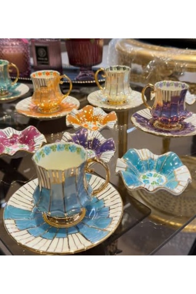 BY.RAYKA PORSELEN El Dekor Basamak Porcelain Hand-Painted 6-Piece Cup and Del...
