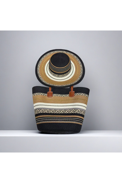 Generic Striped Straw Tote Bag & Wide Brim Sun Hat Matching Summer Set