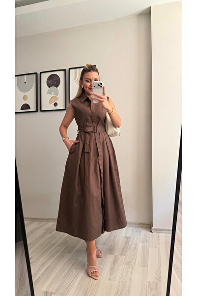 İNVİSUS Boydon Buttoned Zero Sleeve Belted Long Linen Dress