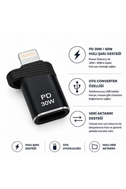 Coverzone Lightning to Type-C Dönüştürücü Adaptör PD30W 60W Hızlı Şarj Veri v...