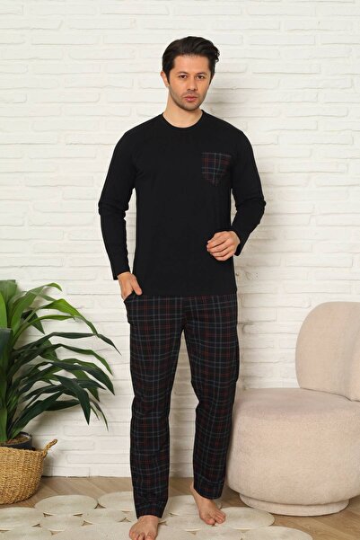 ALİMER Men's Pajama Set - Black Checkered Long Sleeve Combed Cotton 1223Uy