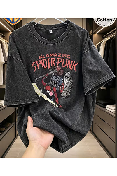 Toum Amazing Spider Punk Printed Unisex Washable Vintage Oversize T-Shirt