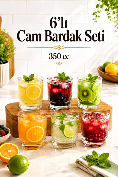 naturelove Set of 6 Striped Glass Cups 350 Cc - Water Glass, Soft Drink Glass...