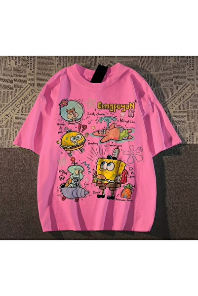 Vordevia Sponge Bob Printed White Oversize Unisex T-Shirt Basic Comfortable F...