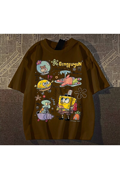 Vordevia Sponge Bob Printed White Oversize Unisex T-Shirt Basic Comfortable F...