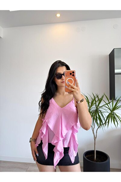 ROSYPOSY Kadın fırfırlı pembe askılı bluz