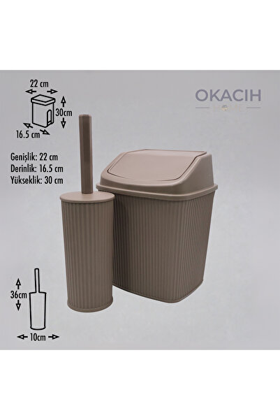 okacih Çizgili Banyo Aksesuar Seti - 2 Parça Modern Çöp Kovası ve WC Fırçası