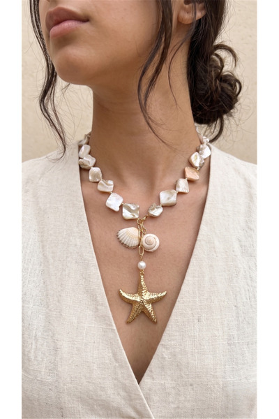 Pelin Aksesuar Ecru Stone Starfish Figured Dangling Steel Necklace