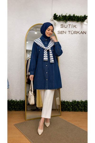 YAREN CLARA Navy Blue Line Detailed Denim Tunic Yrn-46