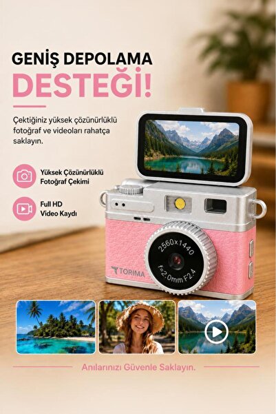 Torima Mini Dijital Kamera 2K Flip Ekranlı Selfie Video Vlog Kamerası CMR49 Pembe