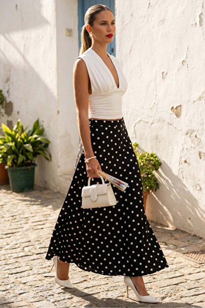 Madmext Dark Black Polka Dot Maxi Women's Satin Skirt Mg2725