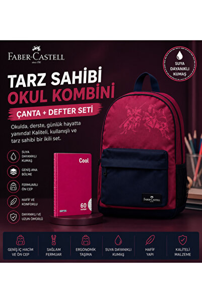 Faber Castell Bordo-Siyah Suya Dayanıklı Okul Sırt Çantası +Hediyeli A4 Cool ...
