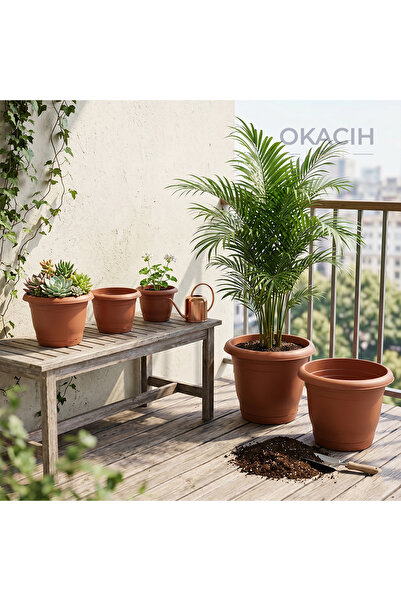 okacih Kiremit Rengi 5 Parça Yuvarlak Saksı Seti - 1.5 Litre'den 12.5 Litre'y...