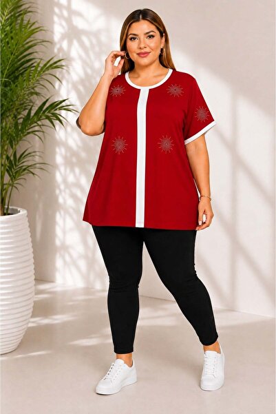 bezeXL Large Size Stoned Viscose T-Shirt Red