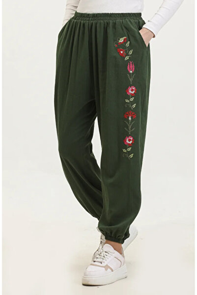 sefamerve Şile fabric embroidered trousers 0019-07 khaki