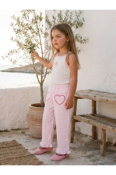 LC Waikiki Lcw Kids Pink Ruffle Detailed Striped Girls' Trousers