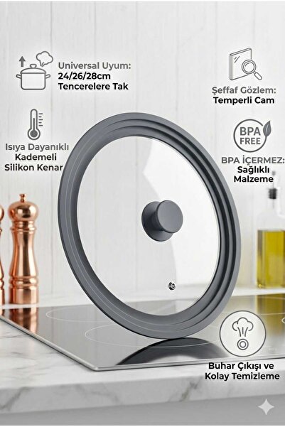 Funny Life Çok Amaçlı 24/26/28 Cm Uyumlu Cam Tencere&Tava Kapağı -Gri Kapak (...