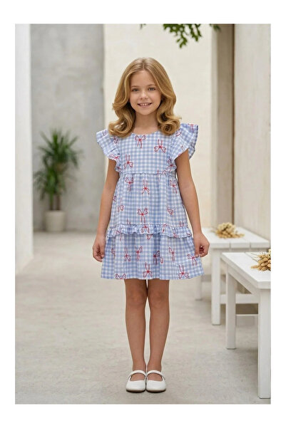 kidstalya Blue Checkered Bow Detailed Girls' Dress