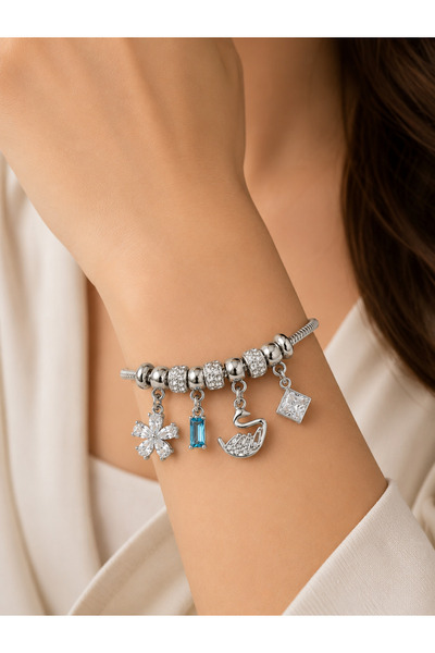 Mervişim Aksesuar Tarnish-Resistant Steel Zircon Blue Stone Swan Detailed Cha...